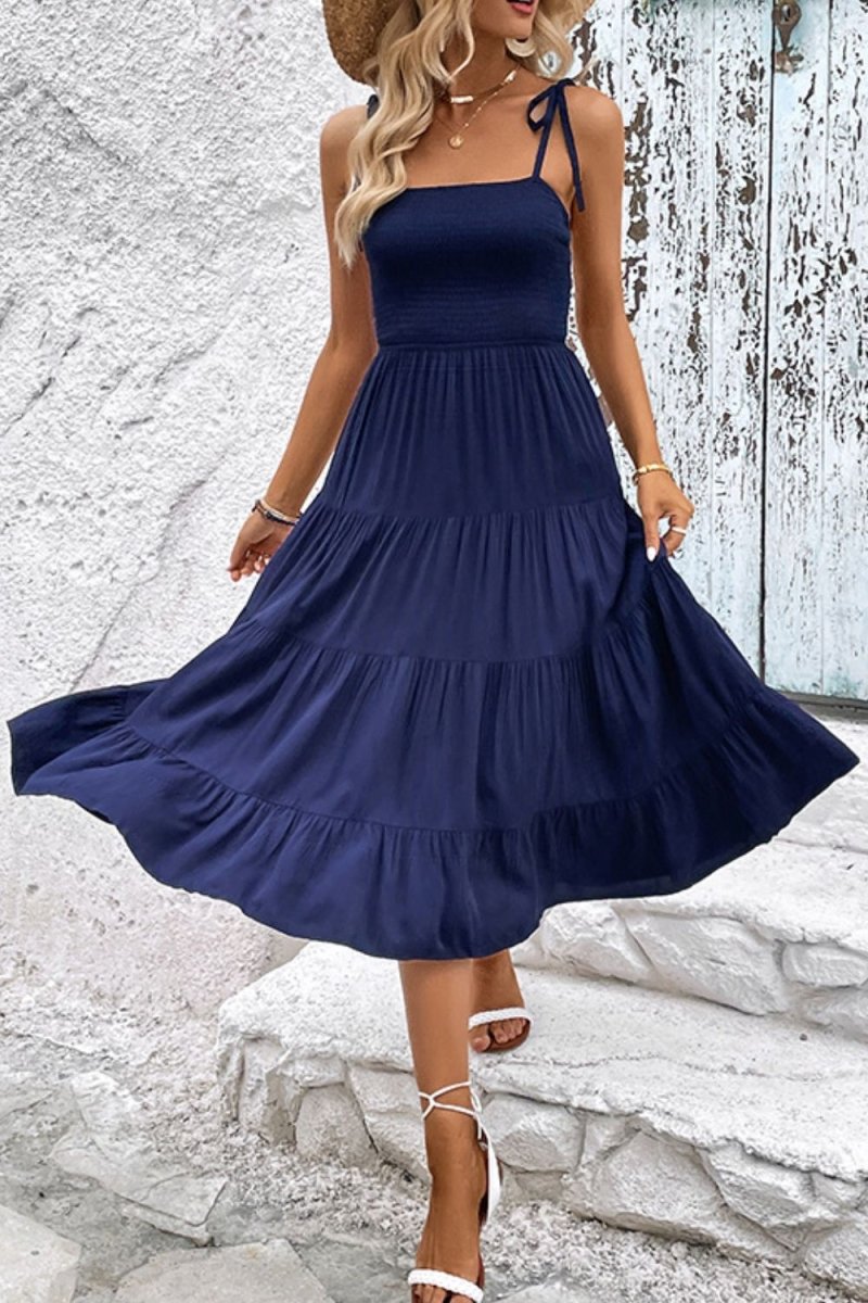 Perfee Tie - Shoulder Tiered Midi Dress - CELIVINE