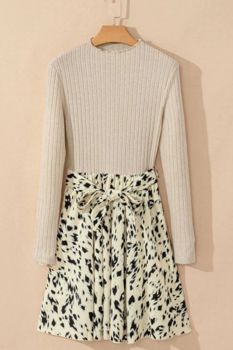 Printed Tie Waist Mock Neck Long Sleeve Dress - CELIVINE