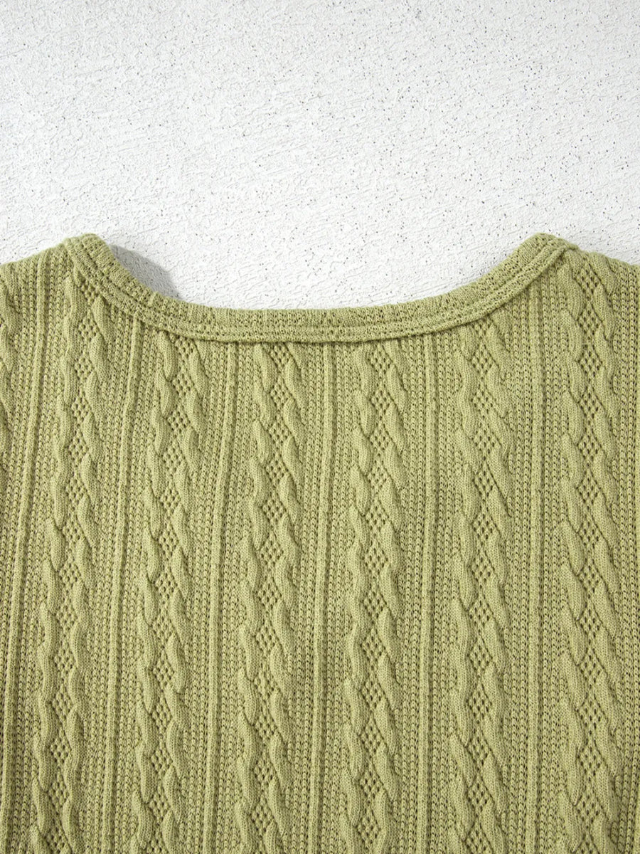 Textured Knit Slim Fit Notch V Neck Top - CELIVINE