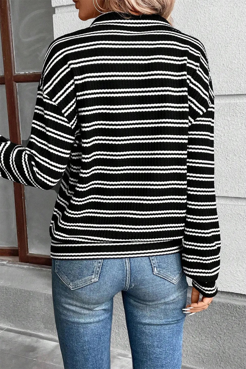 Striped Half Zip Long Sleeve Top - CELIVINE