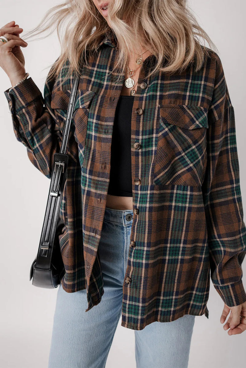 Plaid Button Up Long Sleeve Jacket - CELIVINE