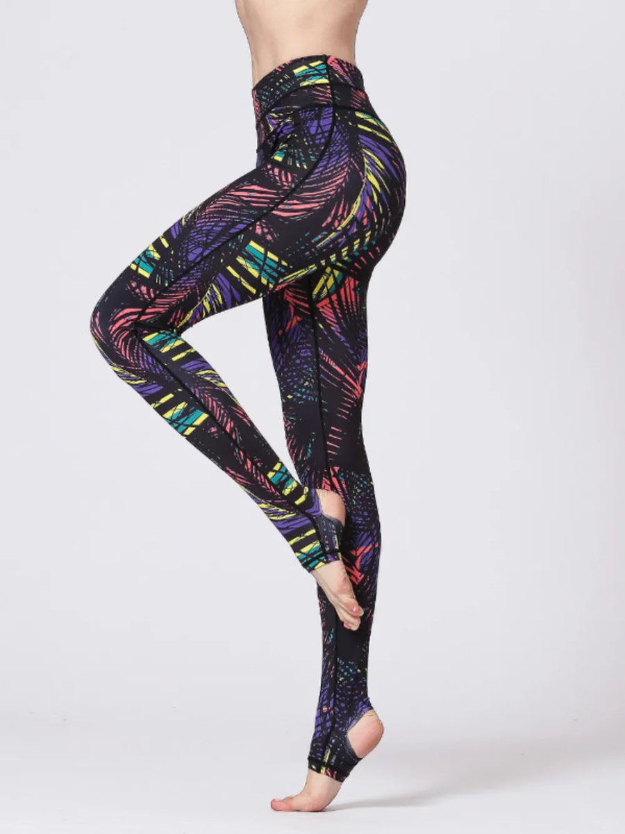 Printed Wide Waistband Active Leggings with Stirrups - CELIVINE