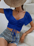 Drawstring Short Sleeve Crop Top - CELIVINE