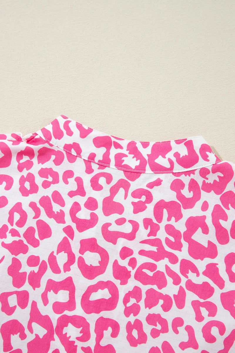 Leopard Notched Long Sleeve Shirt Dress - CELIVINE