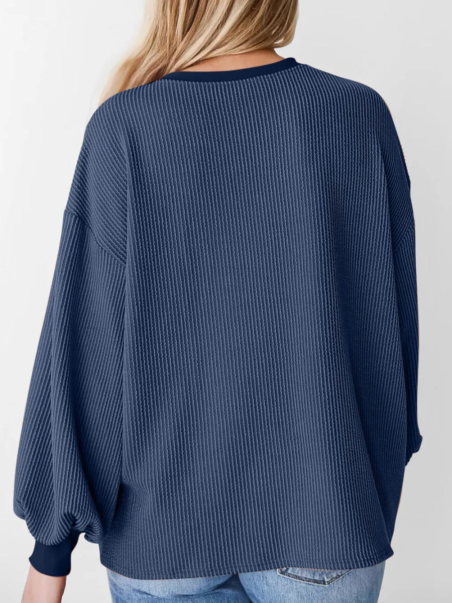Round Neck Drop Shoulder Long Sleeve Sweatshirt - CELIVINE