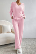 Ribbed V - Neck Top and Pants Lounge Set - CELIVINE