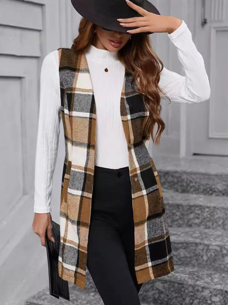 Plaid V - Neck Vest Coat - CELIVINE