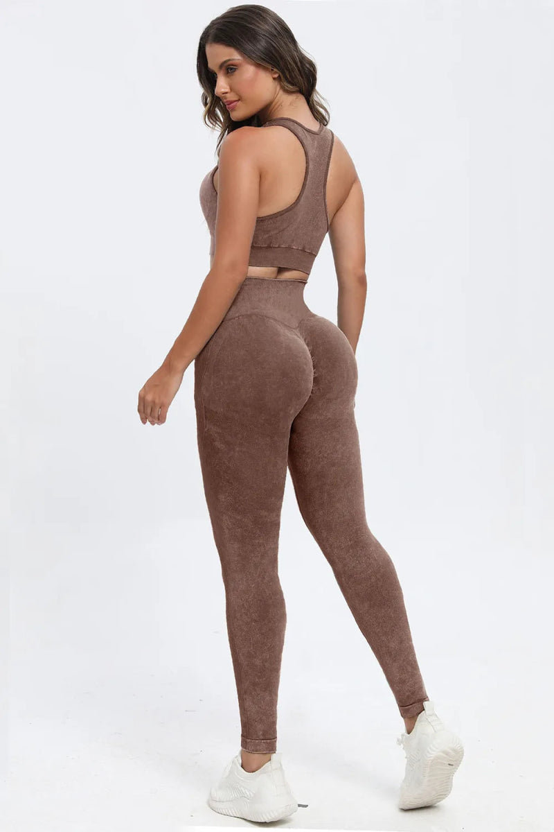 3 Piece Washed Square Neck Wide Strap Active Set - CELIVINE