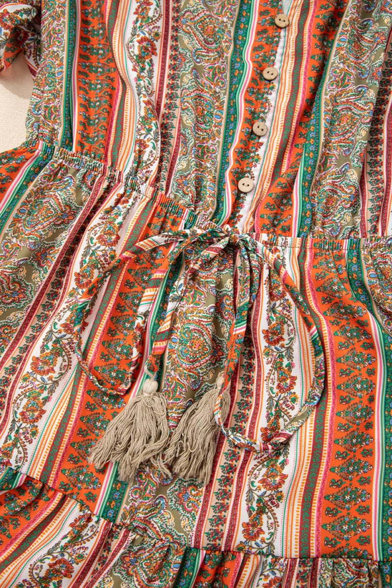 Bohemian Floral Print Buttoned V Neck Ruffle Tiered Dress - CELIVINE