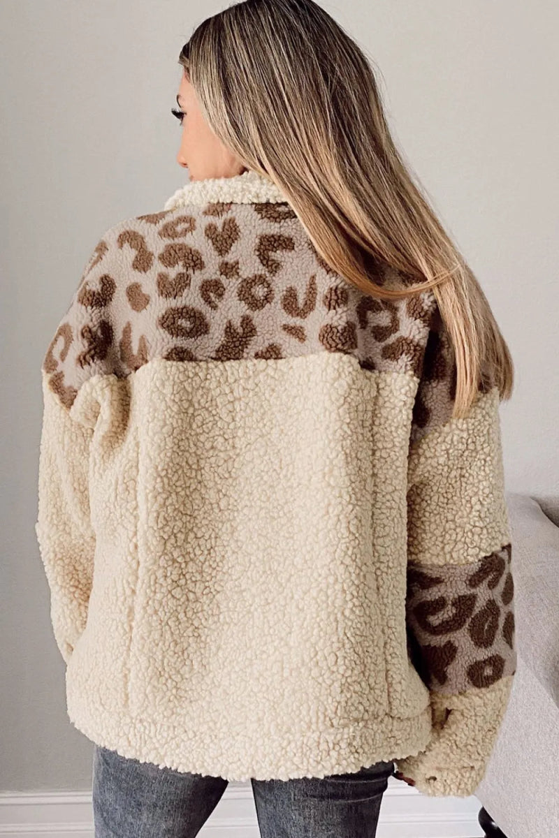 Pocketed Leopard Collared Neck Sherpa Jacket - CELIVINE