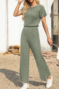 Ribbed Short Sleeve Wide Leg Jumpsuit - CELIVINE