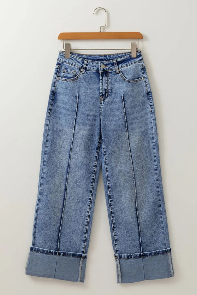 High - Waisted Wide - Leg Cuffed Jeans - CELIVINE