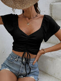 Drawstring Short Sleeve Crop Top - CELIVINE