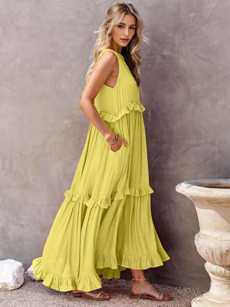 Ruffled Sleeveless Tiered Maxi Dress with Pockets - CELIVINE