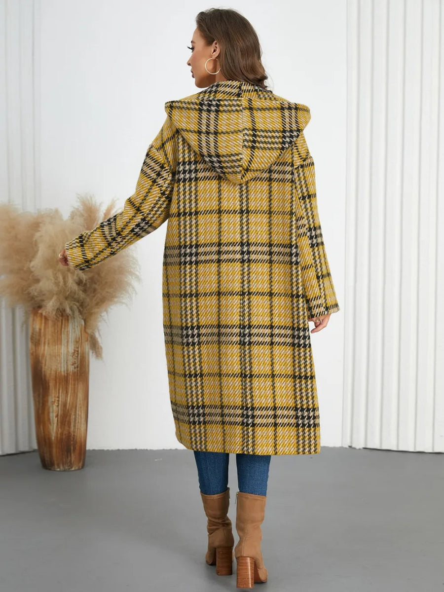 Plaid Double - Breasted Long Sleeve Longline Coat - CELIVINE