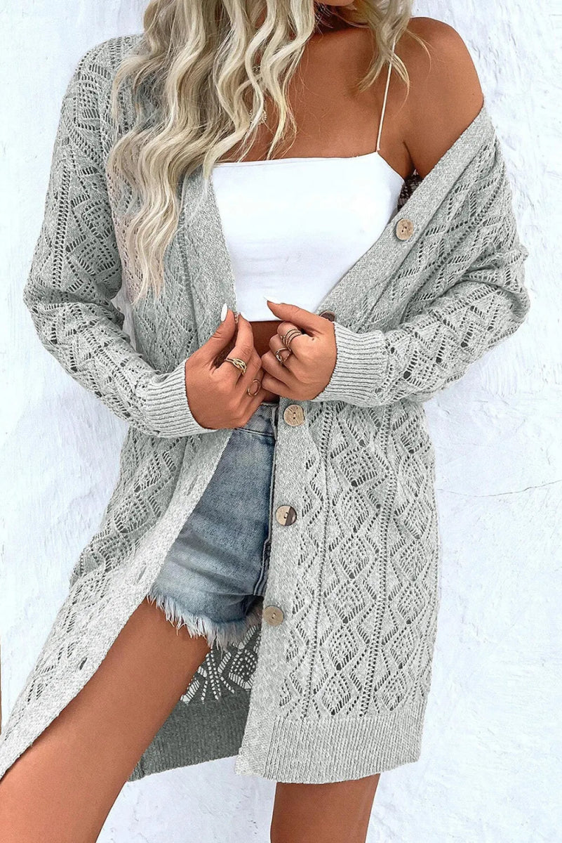 Openwork Button Down Long Sleeve Cardigan - CELIVINE