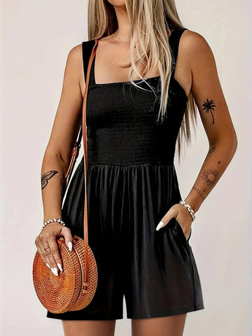 Full Size Smocked Wide Strap Romper Plus Size - CELIVINE