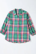 Plaid Collared Neck Three - Quarter Sleeve Shirt - CELIVINE