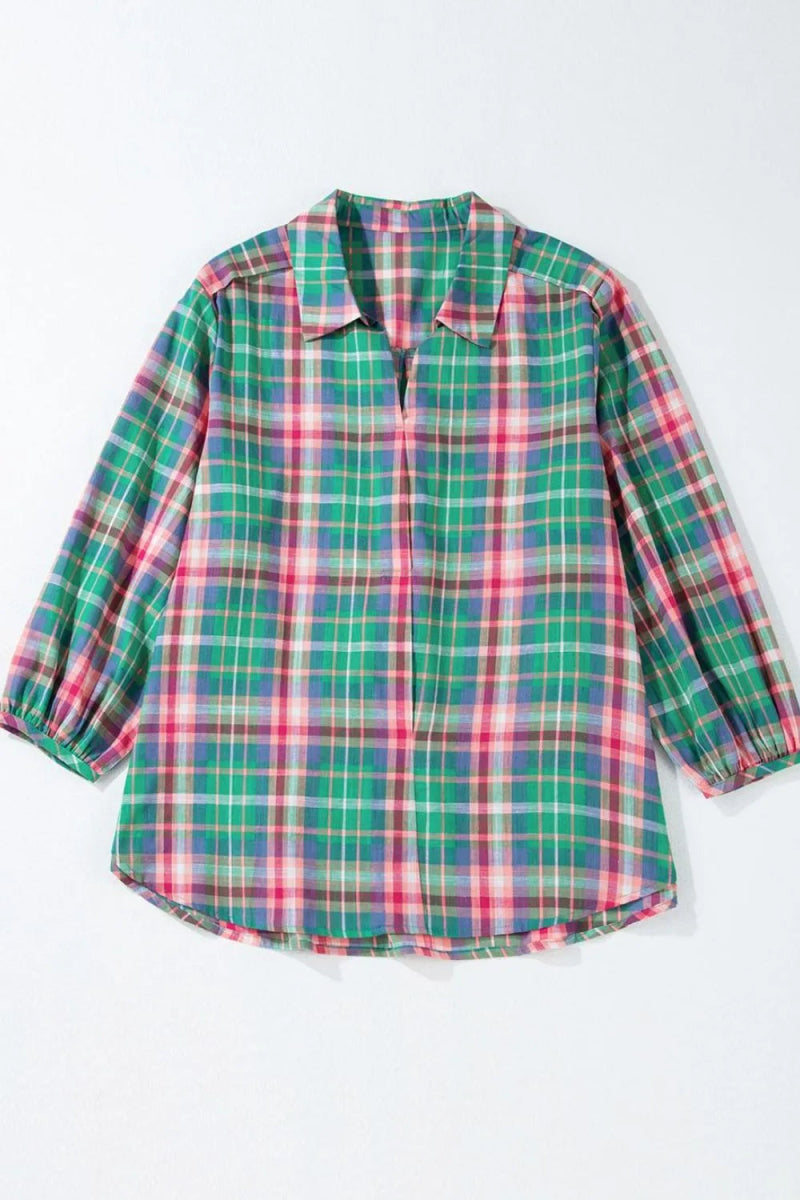 Plaid Collared Neck Three - Quarter Sleeve Shirt - CELIVINE