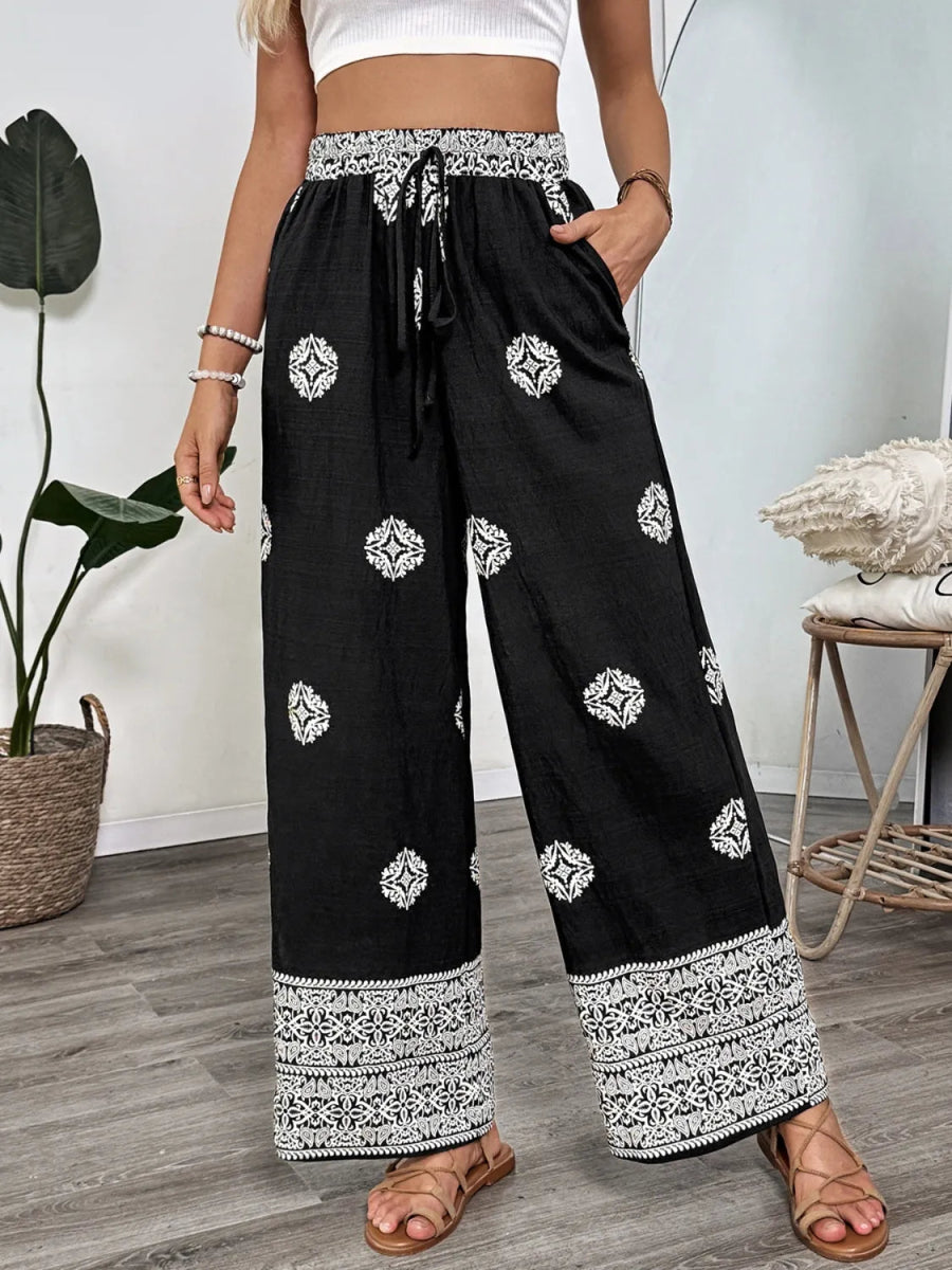 Boho Print Wide Leg Pants - CELIVINE