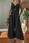 Front Cut Out Smocked Back Sleeveless Wide Leg Jumpsuit - CELIVINE