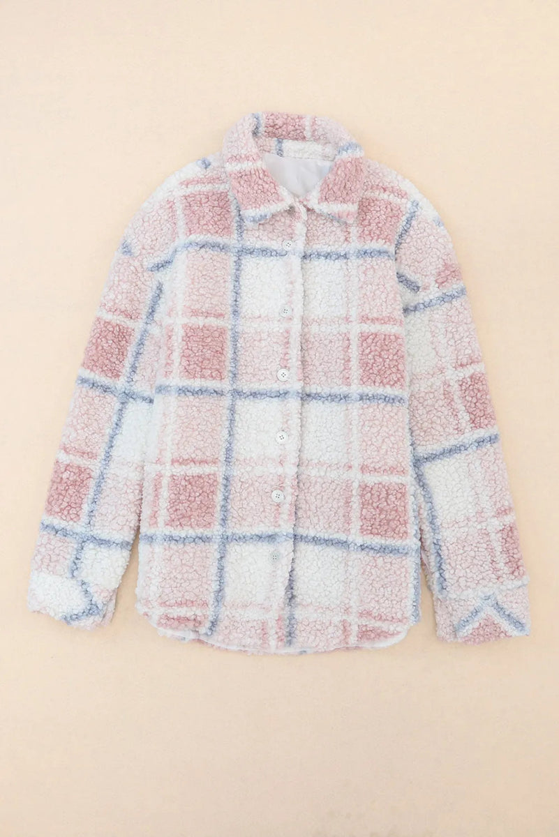 Plaid Button Up Collared Neck Sherpa Jacket - CELIVINE