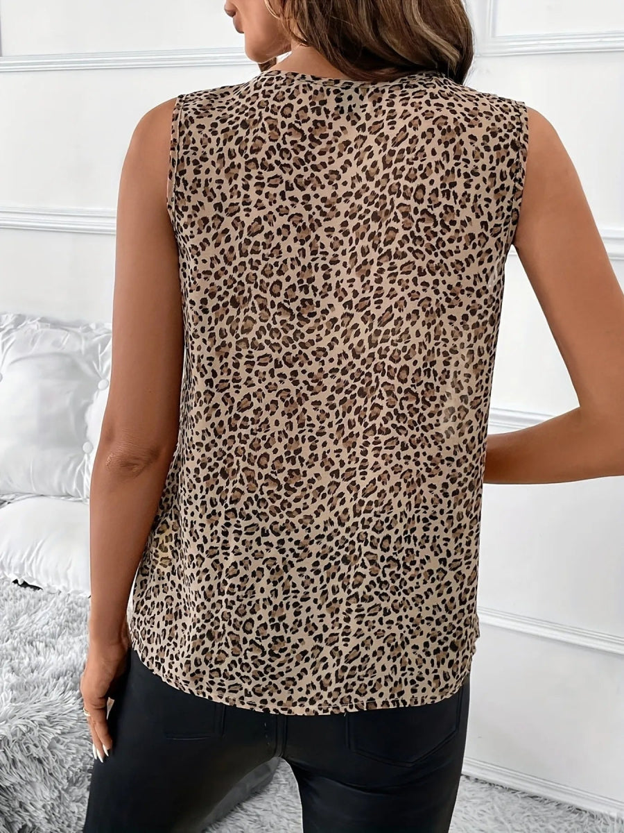 Leopard Print V - Neck Ruffle Tank Top - CELIVINE