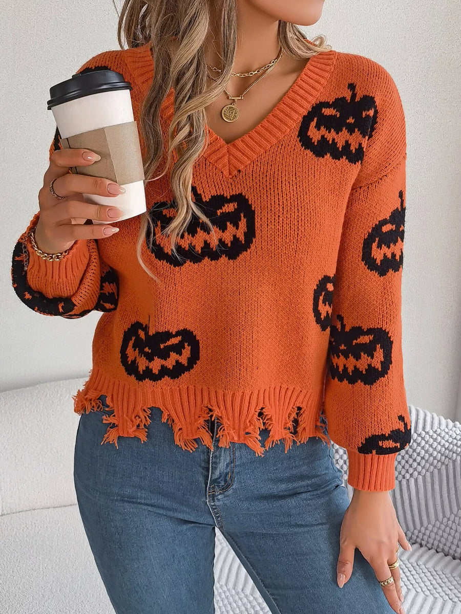 Halloween Pumpkin Pattern Raw Hem V - Neck Sweater - CELIVINE