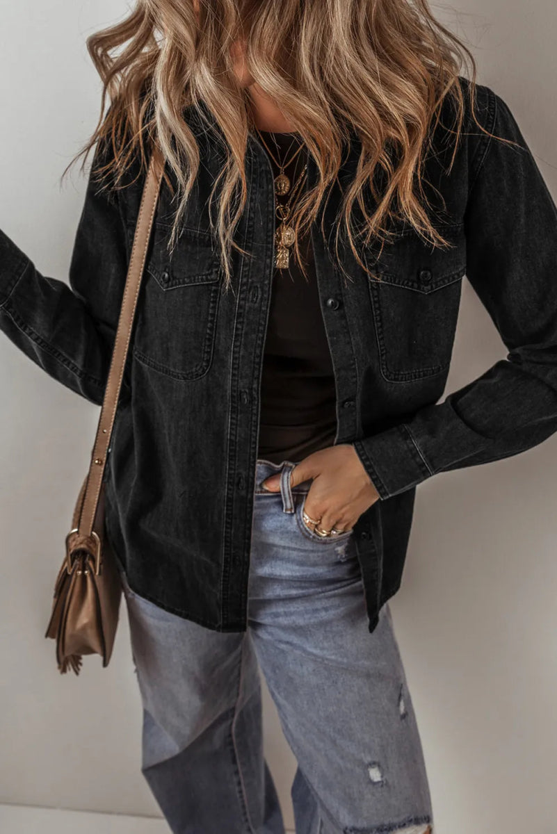 Button Up Long Sleeve Denim Jacket - CELIVINE