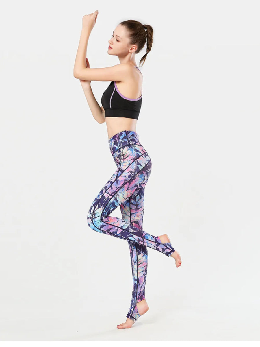 Printed Wide Waistband Active Leggings with Stirrups - CELIVINE