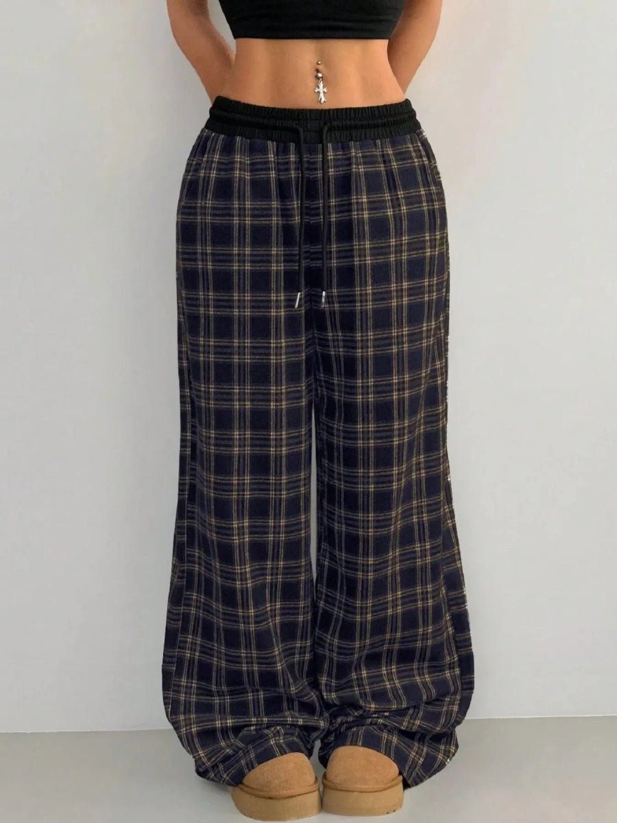 Plaid Wide Leg Pants with Drawstring Waist - CELIVINE