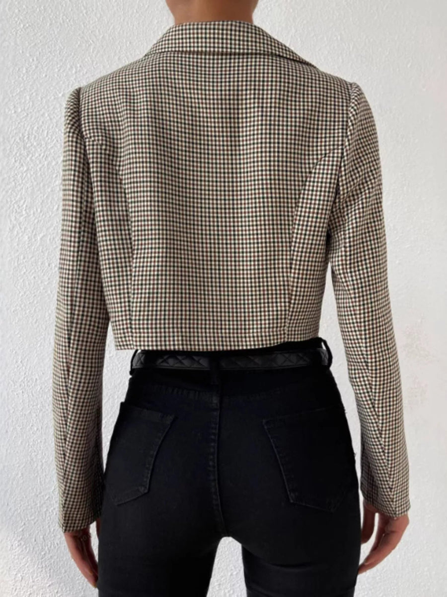 Plaid Lapel Collar Cropped Blazer - CELIVINE