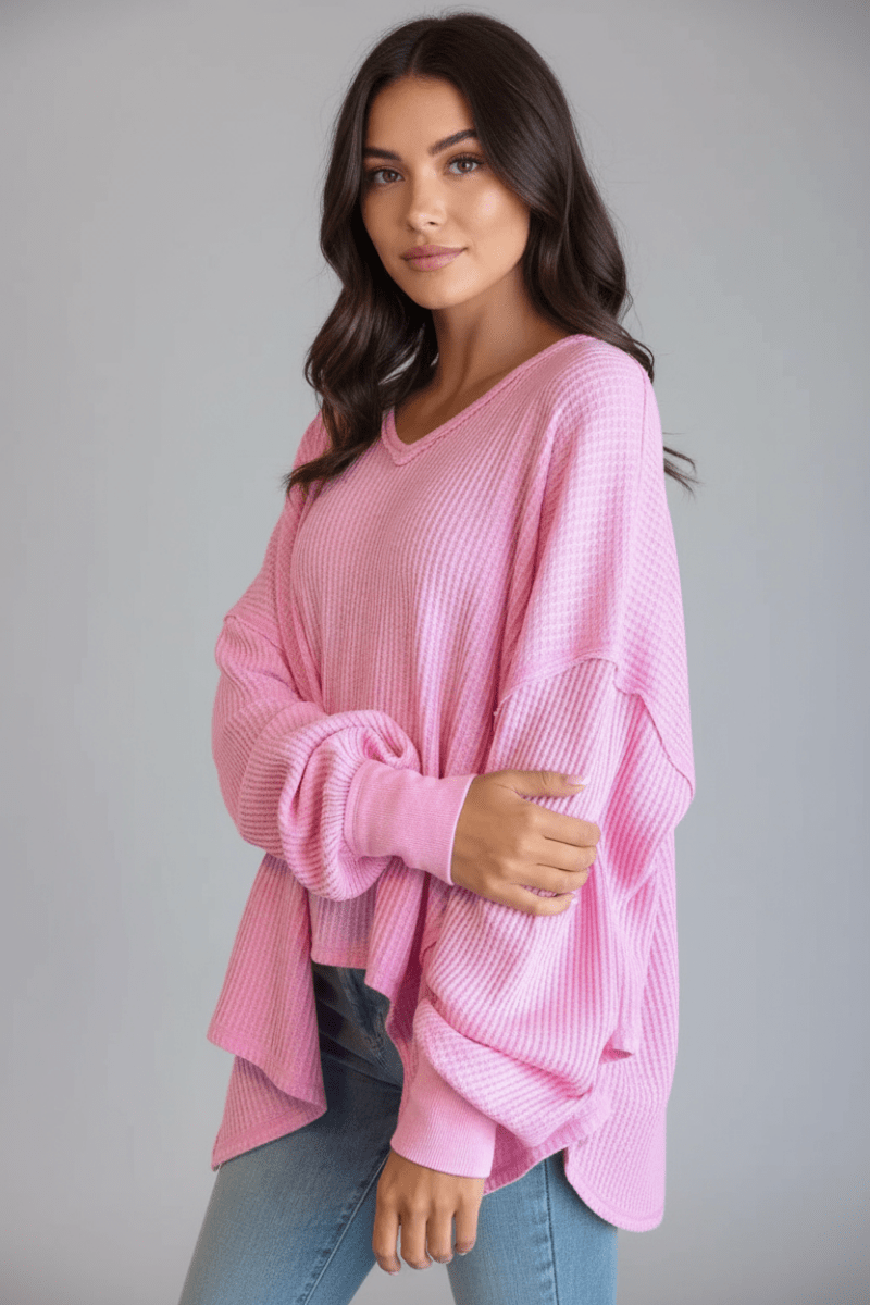 Waffle - Knit V - Neck Long Sleeve Blouse - CELIVINE
