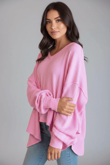 Waffle - Knit V - Neck Long Sleeve Blouse - CELIVINE