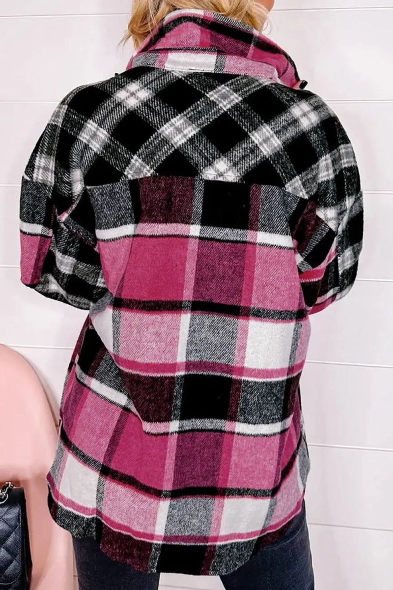 Pocketed Plaid Collared Neck Long Sleeve Shacket - CELIVINE