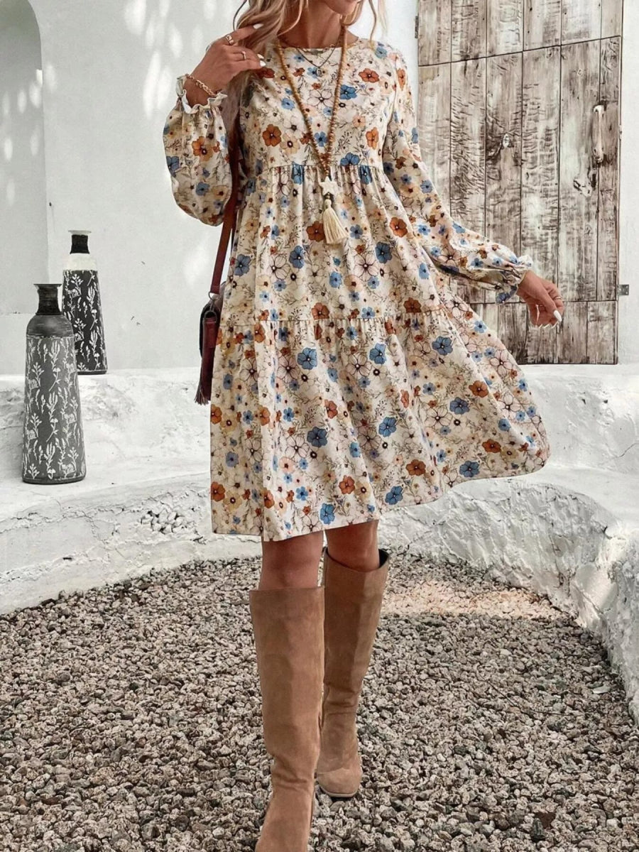 Floral Print Long Sleeve Tiered Dress - CELIVINE