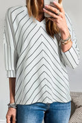 Striped V - Neck Long Sleeve Blouse - CELIVINE