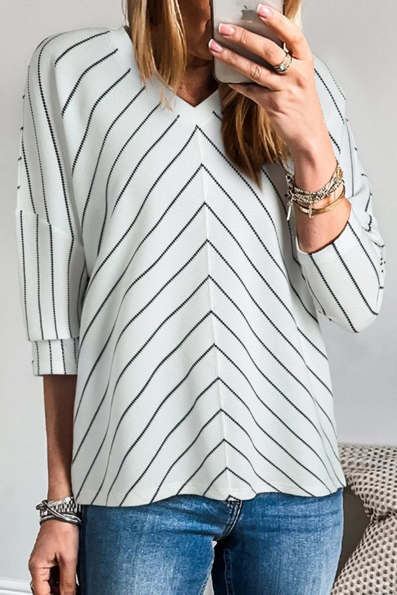 Striped V - Neck Long Sleeve Blouse - CELIVINE