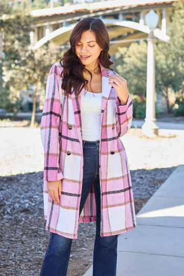 Double Take Full Size Plaid Button Up Lapel Collar Coat - CELIVINE