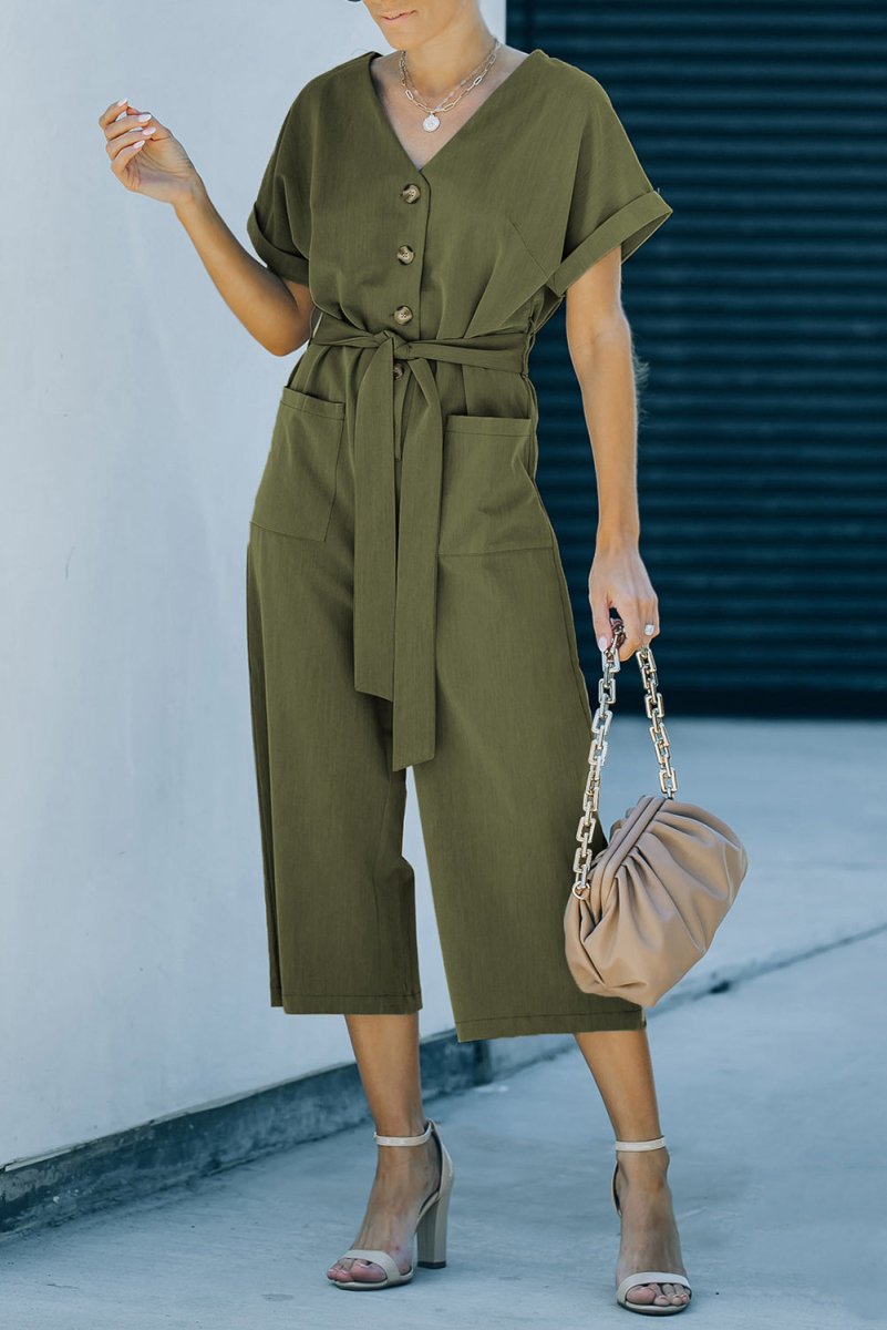 Tie - Waist Buttoned Cropped Jumpsuit - CELIVINE