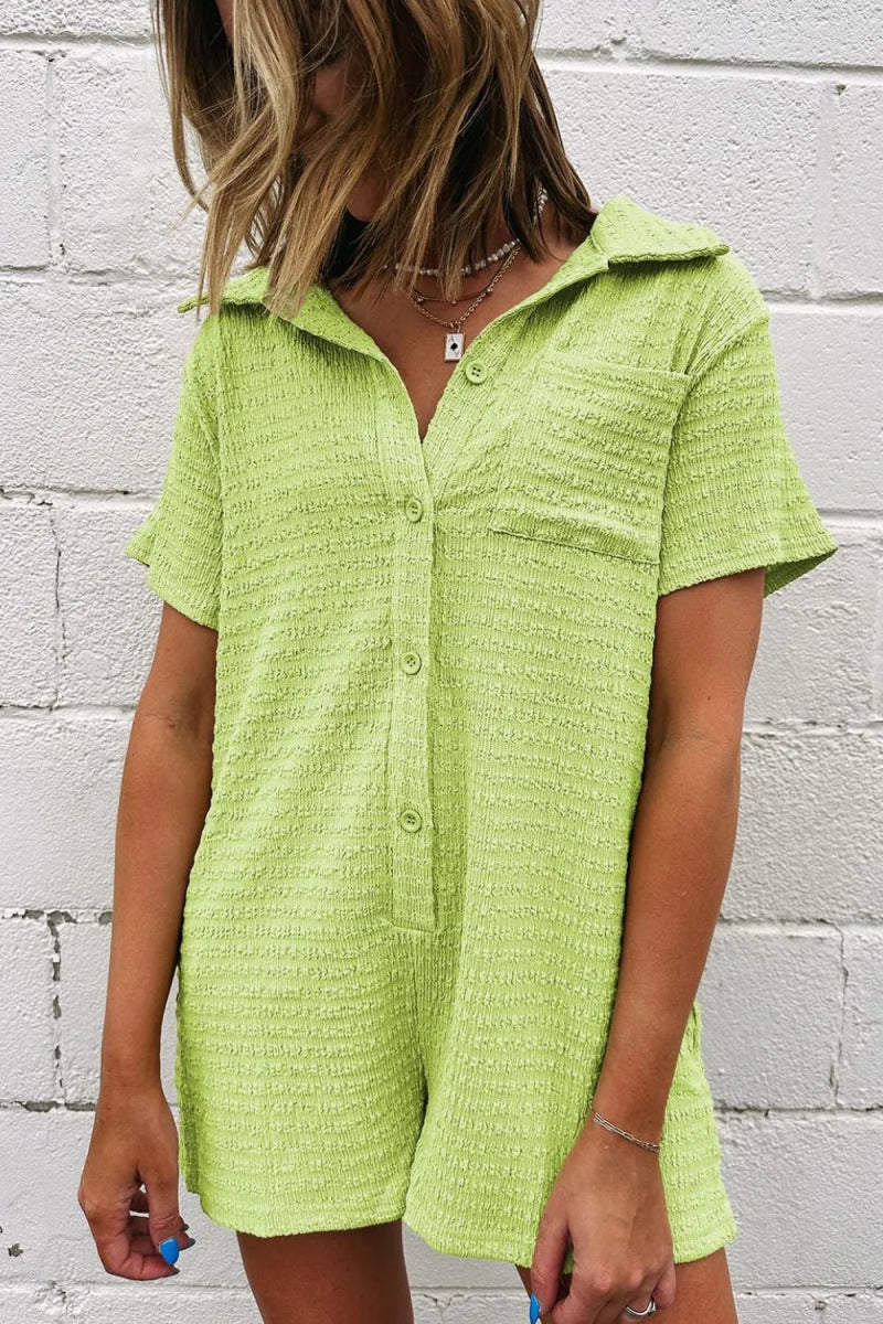 Textured Short Sleeve Patched Pocket Buttoned Romper - CELIVINE