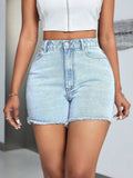 High - Waisted Raw Hem Denim Shorts - CELIVINE