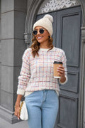 Plaid Round Neck Long Sleeve Pullover Sweater - CELIVINE