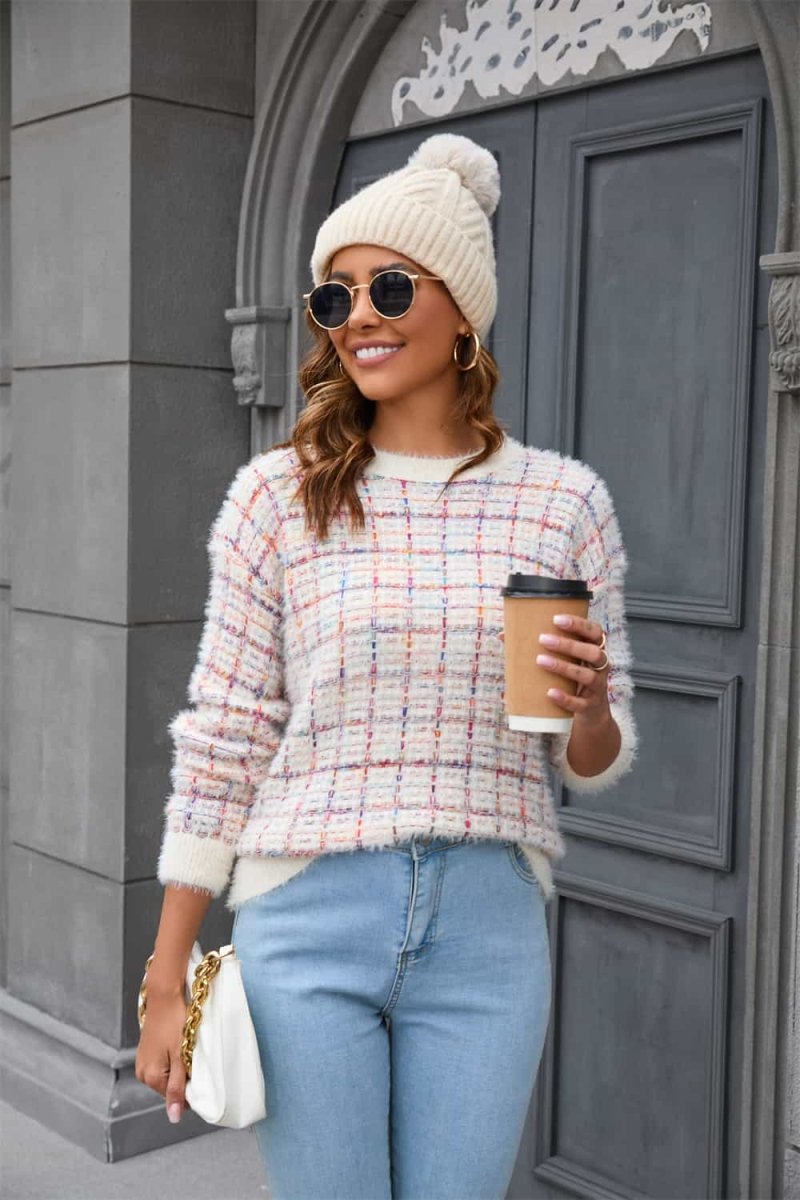 Plaid Round Neck Long Sleeve Pullover Sweater - CELIVINE