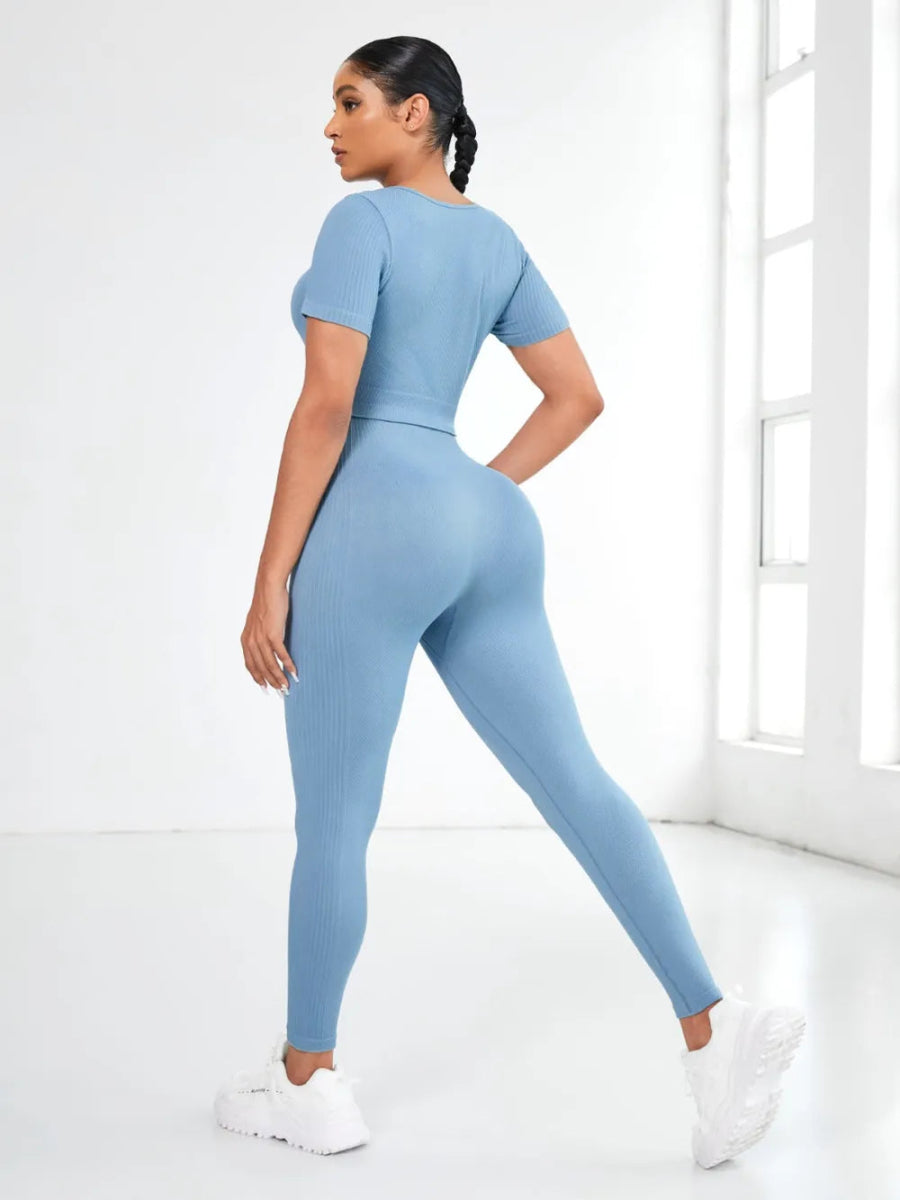 Round Neck Short Sleeve Top and Leggings Active Set - CELIVINE