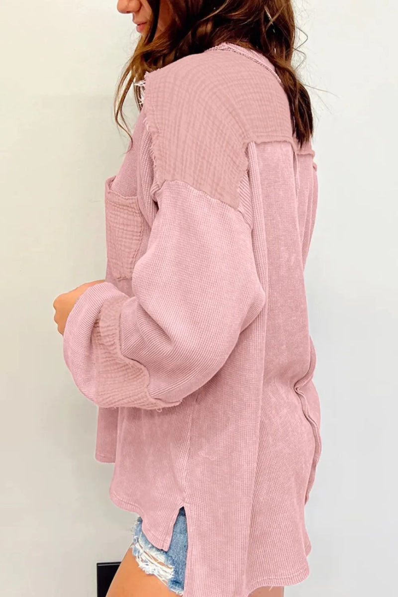 Exposed Seam Round Neck Long Sleeve Sweatshirt - CELIVINE