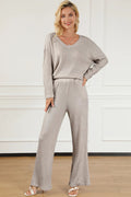 Ribbed V - Neck Top and Pants Lounge Set - CELIVINE