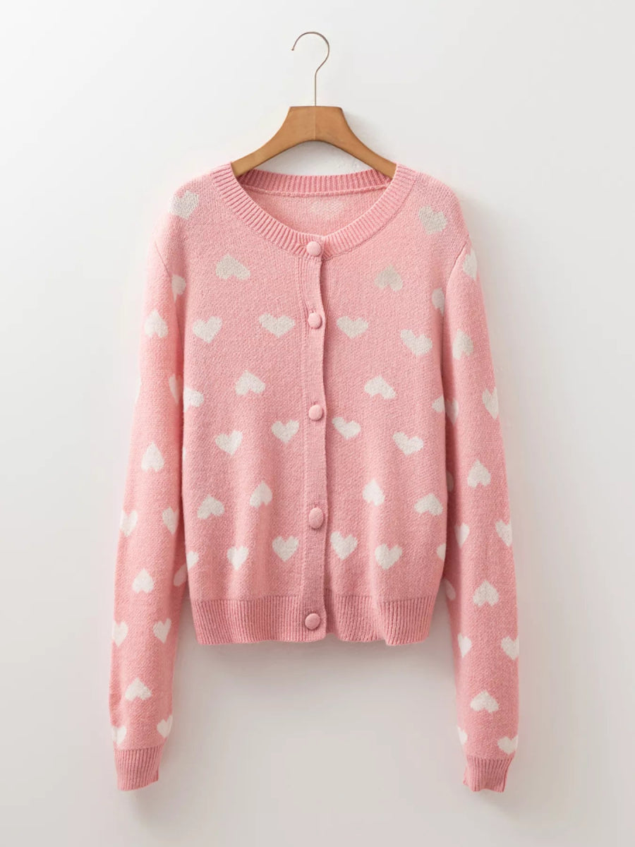 Heart Pattern Button Front Cardigan - CELIVINE