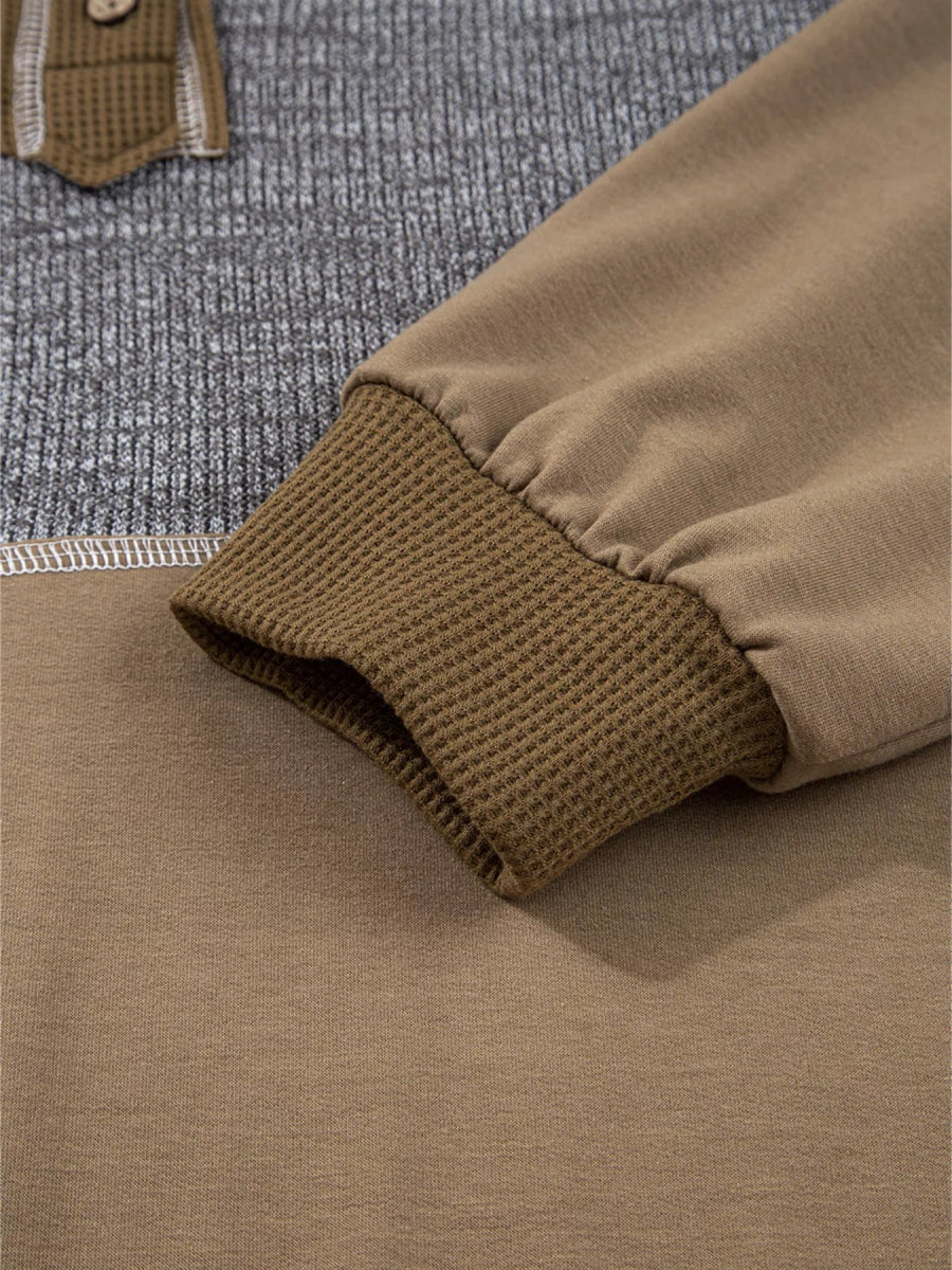 Mixed Texture Patchwork Exposed Seam Half Button Hoodie - CELIVINE