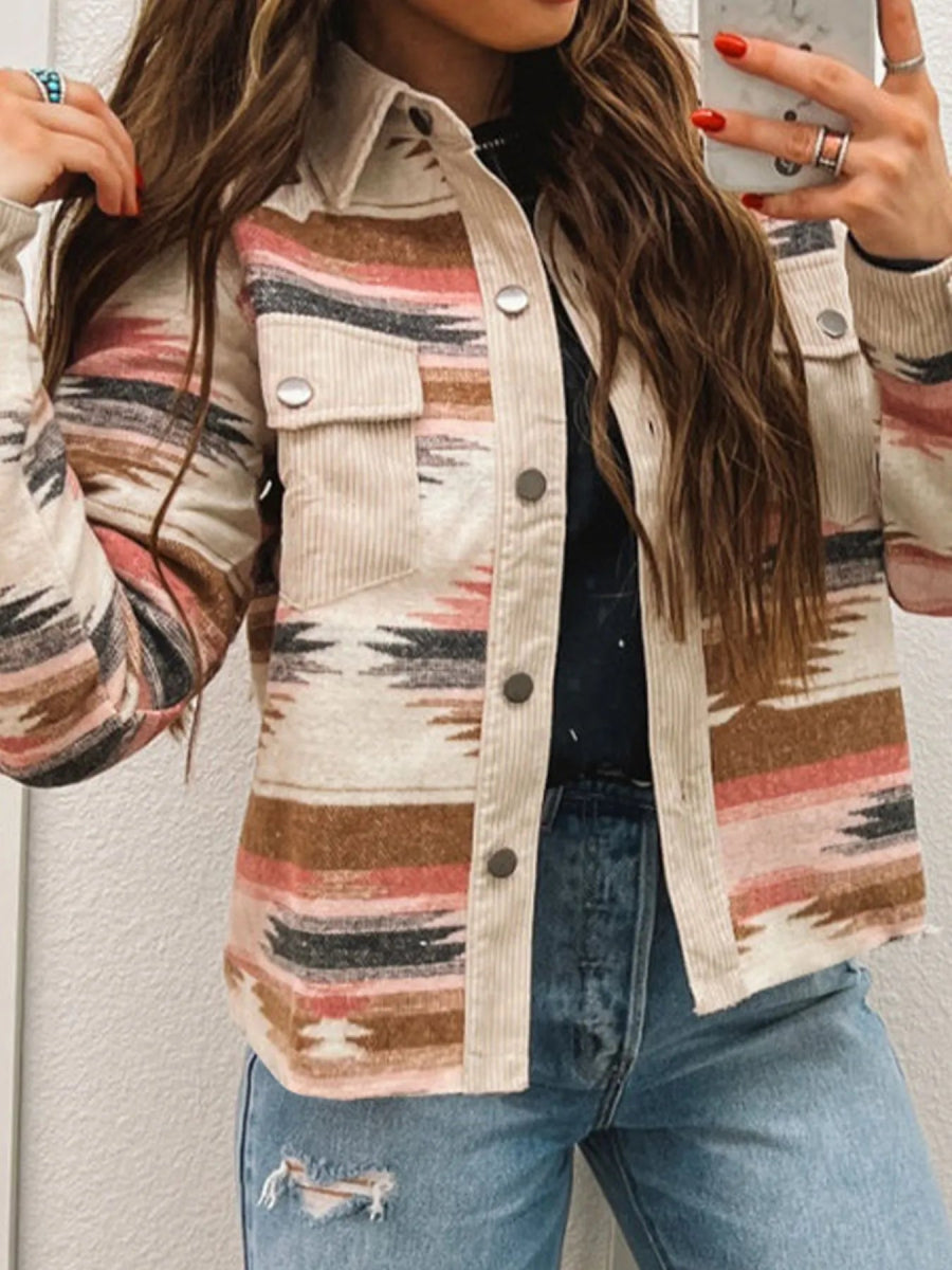 Corduroy Hem Striped Button - Up Jacket - CELIVINE